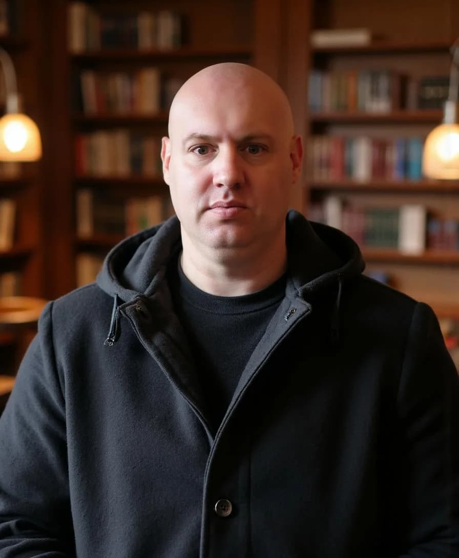 Joel R Klemmer in a bookstore environment with books framing the scene