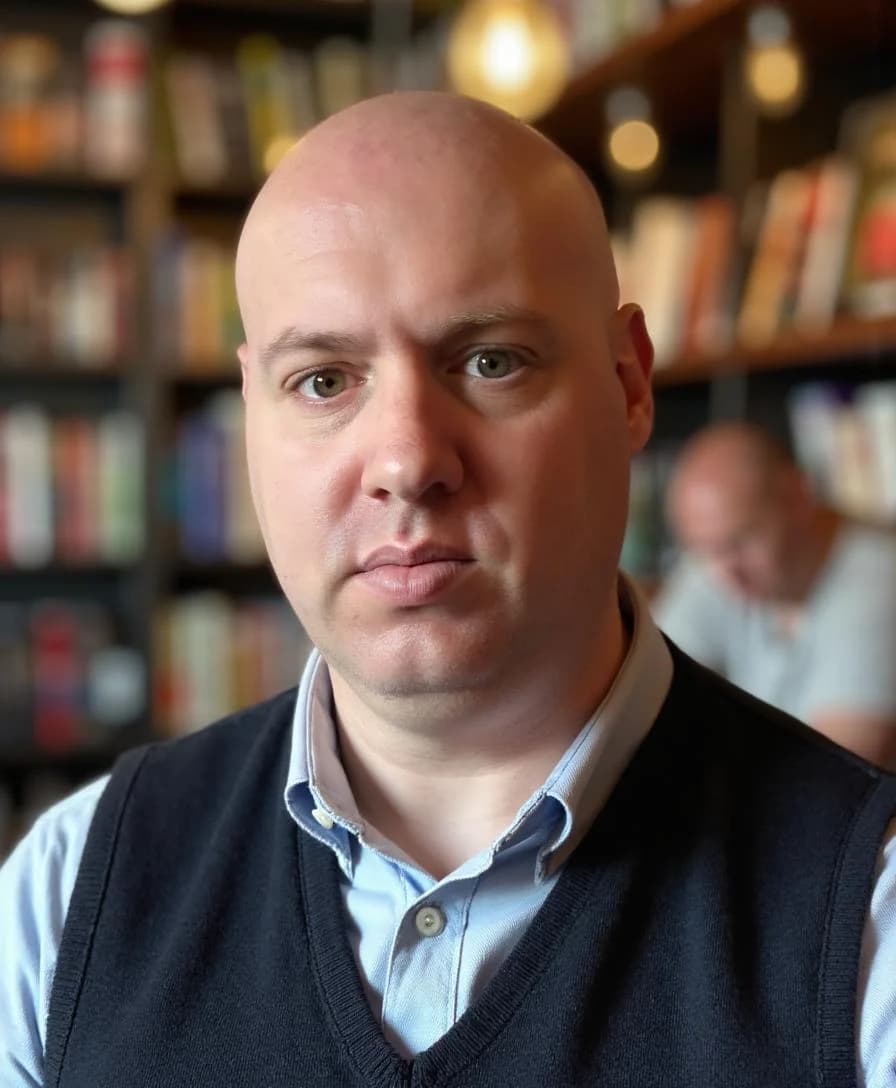 Joel R Klemmer 站在书店场景中，背景可见书籍