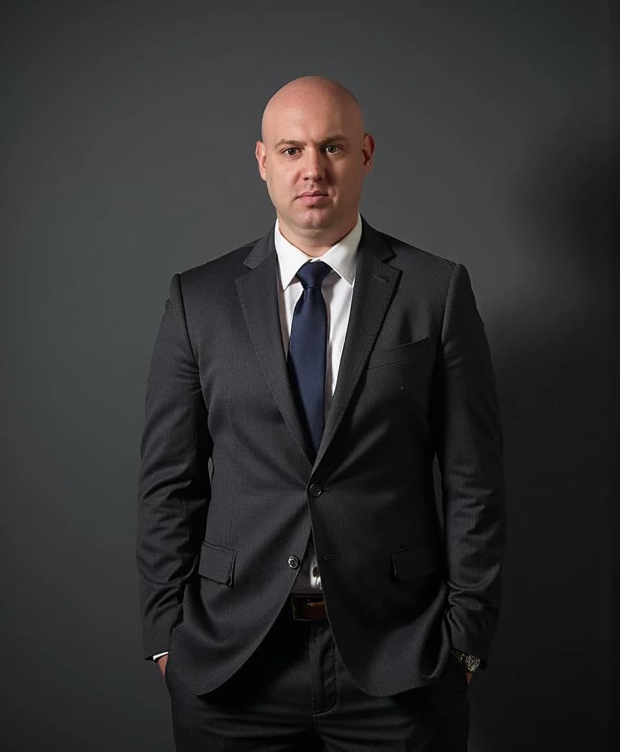 Joel R Klemmer in a studio portrait with graphite backdrop