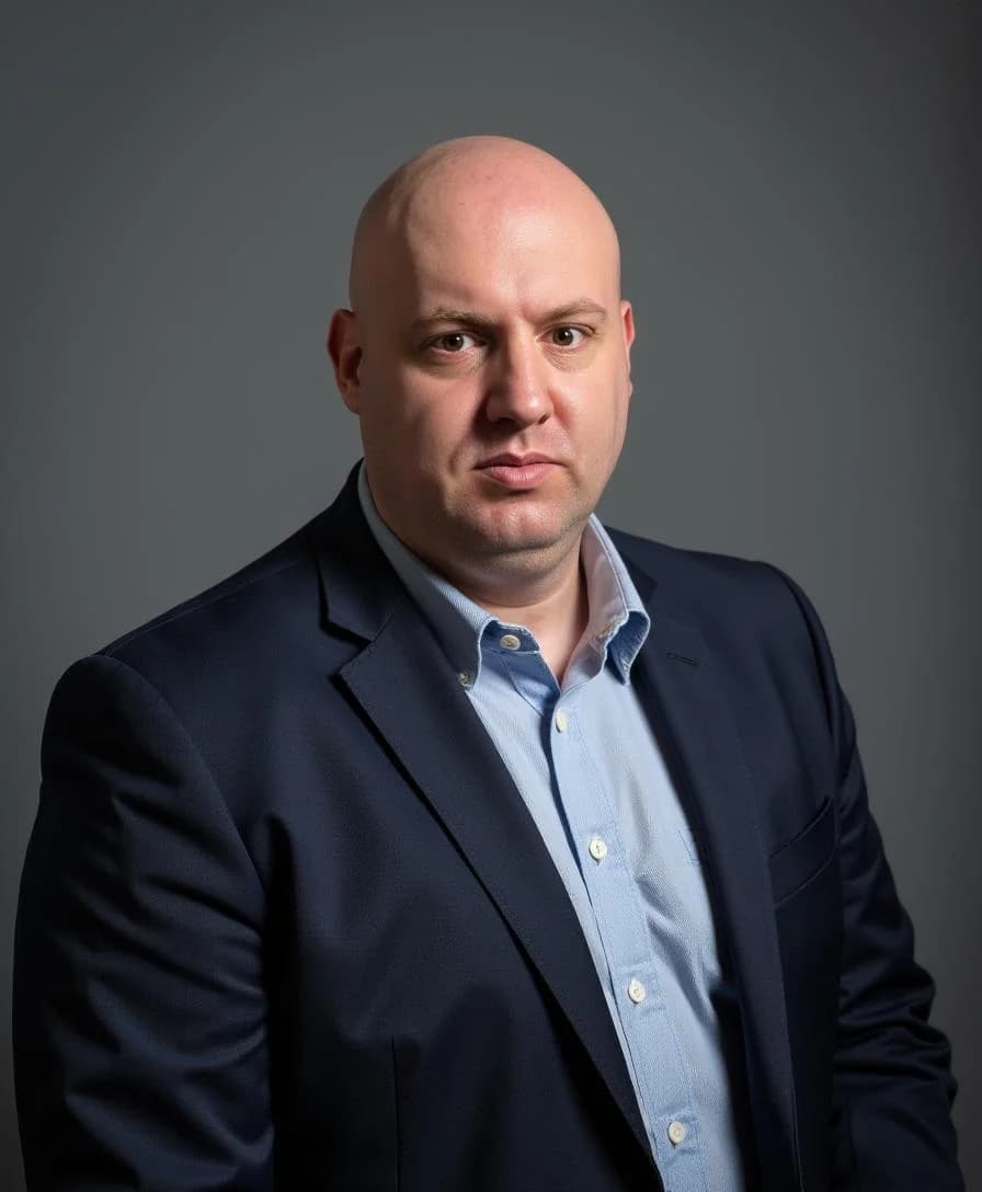 Joel R Klemmer studio portrait with steady posture and graphite backdrop