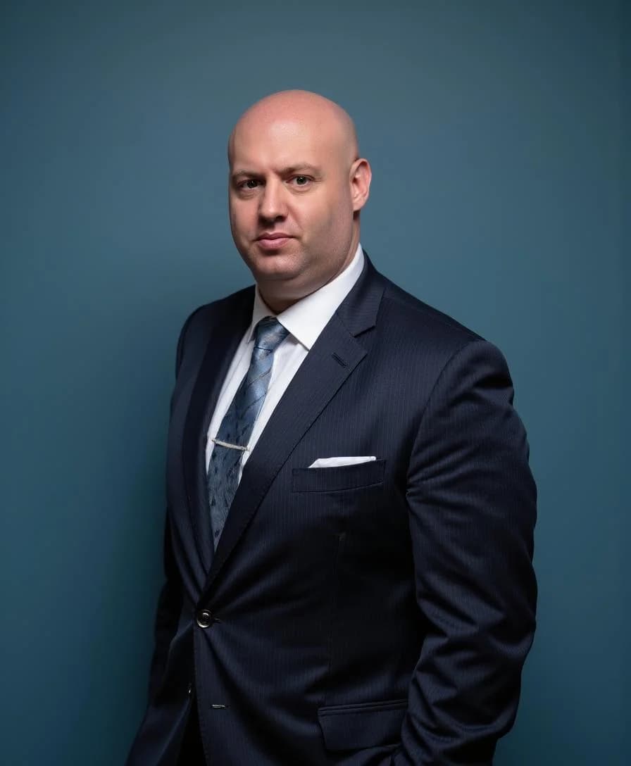 Joel R Klemmer studio portrait with firm stance and neutral graphite background