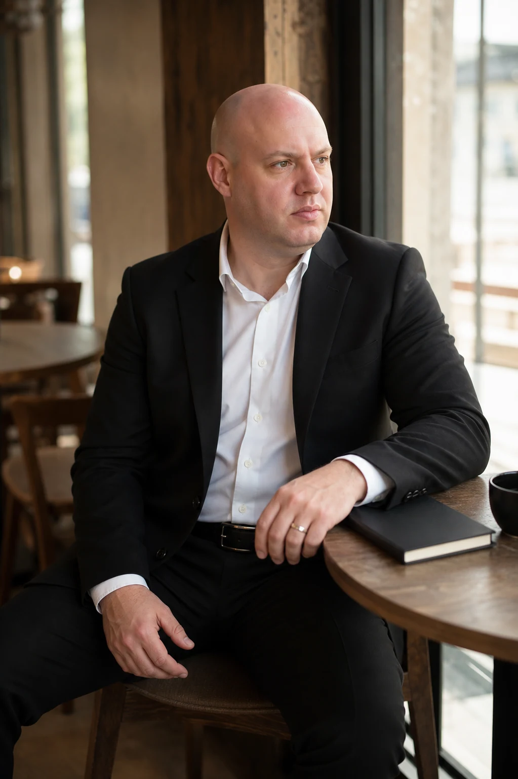 Joel seated beside a window with a notebook on the table.