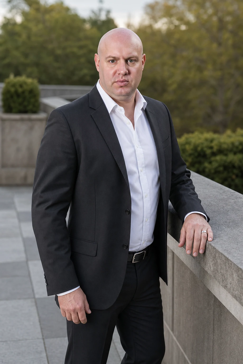 Joel standing beside a stone balustrade with trees in the background.