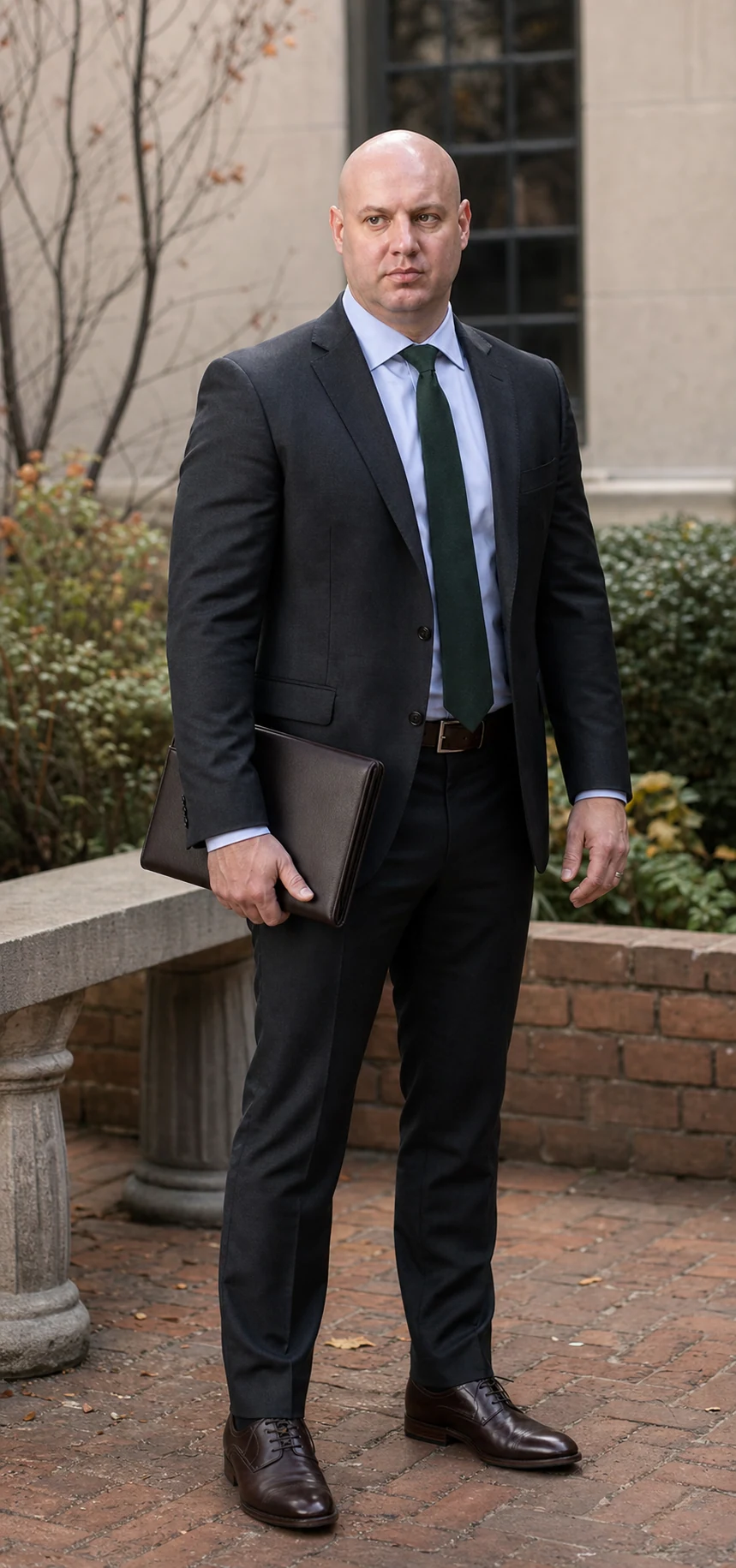 Joel standing in a courtyard, wearing a green tie and holding a portfolio.